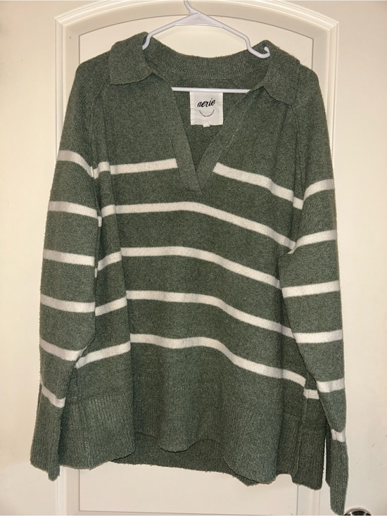 aerie Sweaters - aerie Olive & White Striped Collared V-Neck Sweater